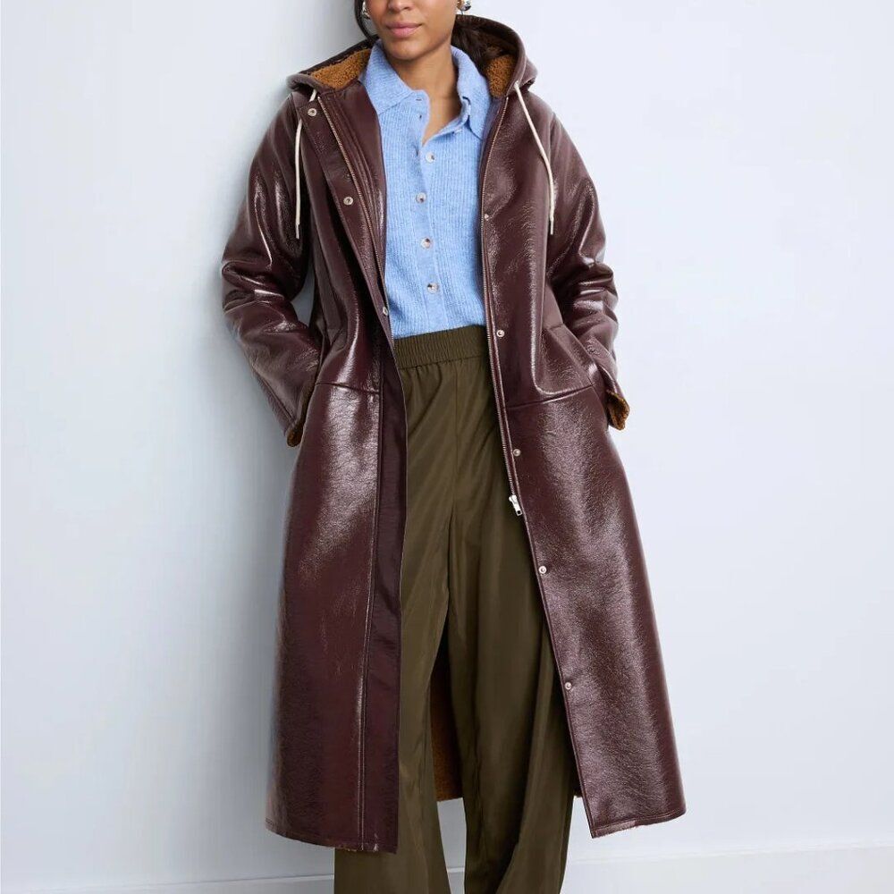 Plan C x RCR Brown Vegan Leather Shearling Lined Hooded Winter Coat XXL Excell.